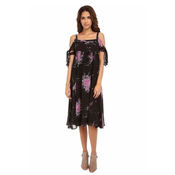 Free People Black Midnight Combo Floral Tied To You Empire Waist Dress Medium - Picture 1 of 11
